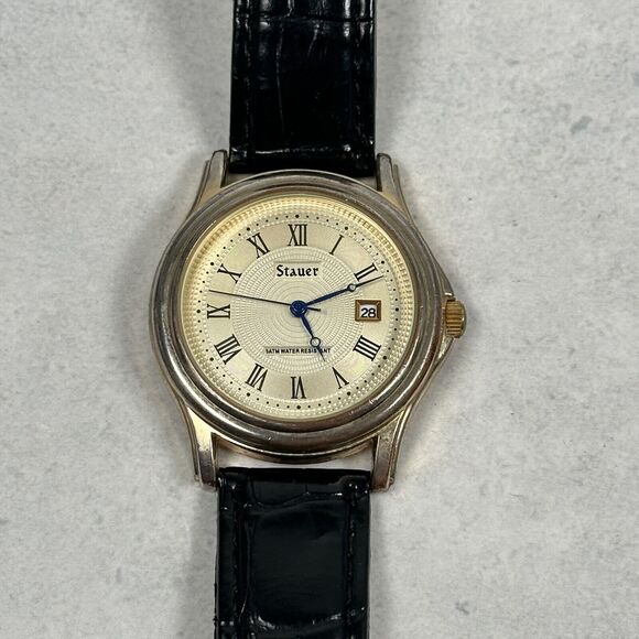 Stauer Watch Mens 38mm Date Metropolitan Gold Tone Black Band Quartz New Battery - Picture 1 of 12